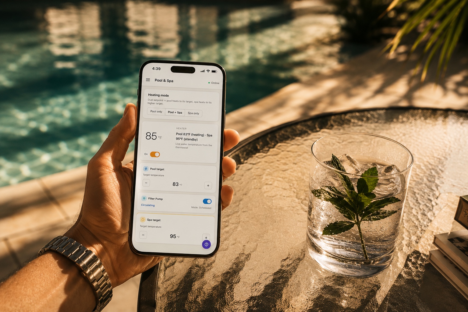 A hand holding an iPhone with the RentalHelm app open — adjusting pool temperature poolside